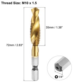 sourcing map 4pcs Combination Drill and Tap Bit, Metric M10 x 1.5 Thread 1/4" Hex Shank, Titanium Coated Threading Screw Taps Spiral Flute Tapping Tool, High Speed Steel (HSS) 4341