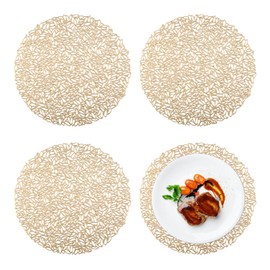 Spldsun Set of 4 Round Placemats, Golden Round Anti-scalding Placemat, Round Broken Leaf Pattern PVC Placemat, for Plates, Pot Holders, Table Decoration (Golden)