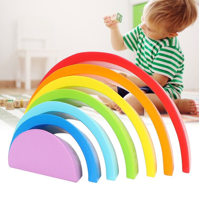 Wooden Rainbow Colored Arch Bridge Building Blocks DIY Assembly Educational