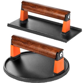 GGC Cast Iron Burger Press Kit, 7" Round and 8"x4" Rectangle Smash Burger Press Set for Grill and Griddle Cooking, 2PCS Meat Press with Wooden Handle for Bacon, Hamburgers, Eggs, Sandwiches