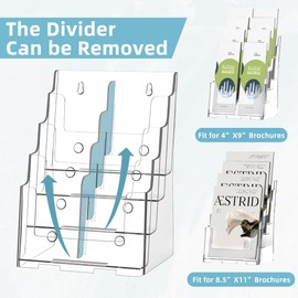 PPH-Sisy Acrylic Brochure Holder 8.5 x 11 inch Brochure Display Stand, Magazine Holder 4 Tier Pamphlet Holder with Removable Divider for 4 x 9 inch Brochures for Wall Mount or Desktop