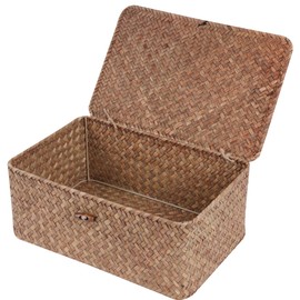FEILANDUO Wicker Shelf Baskets with Lids Seagrass Storage Basket Container Rectangular Hand Woven Shelves Desk Home Organizer (Coffee, Medium)