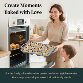 POPYEAH Silicone Muffin Pans for Baking | Artisanal Metal Finish | Reinforced Steel Frame for Stability | Non-Stick, BPA-Free for Easy Baking & Cleanup | Dishwasher Safe (Metallic Silver-1)