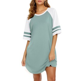 Ekouaer Cotton Nightgowns for Women Short Sleeve Night Gown Crew Neck Sleep Shirts Oversized Color Block Night Shirts Green Medium