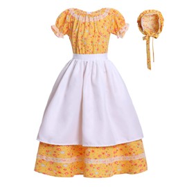 Vibsion Girls Pioneer Prairie Costume Pilgrim Dress Kids Floral Colonial Village Girl Costumes Bonnet Apron Set