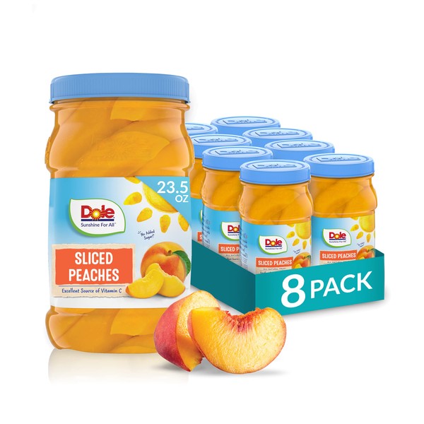 Dole Fruit Jars, Yellow Cling Sliced Peaches in 100% Fruit Juice, Gluten Free, Pantry Staples, 23.5 Oz Resealable Jars, 8 Count