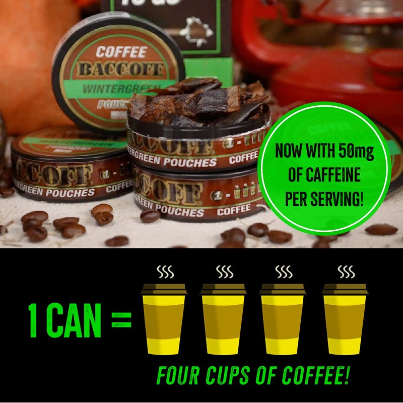 5 Cans, BaccOff Wintergreen Coffee Pouches, 50 MG of Caffeine