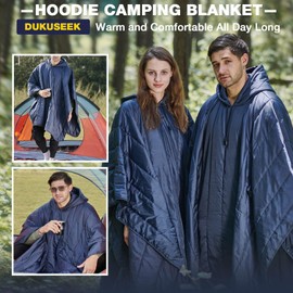 DUKUSEEK Outdoor Wearable Camping Blanket with Hood, Large Packable Backpacking Hooded Stadium Blankets, Lightweight Warm Quilt for Picnic, Hiking, Football, 79"X56"