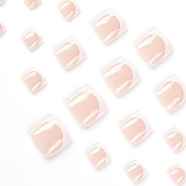 24Pcs French Tip Press on Toenails Short Fake Toenails Nude Pink False Toenails White Toenails Tip Cute Stick on Toenails Square Shape Acrylic Toenails Full Cover Glue on Toenails for Women Manicure