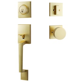 dairazan Satin-Brass Modern Front Door-Handle - Entry Door Lock with 3 Keys Single Cylinder Deadbolt,Exterior Door Knob Set Reversible for Left and Right Hand