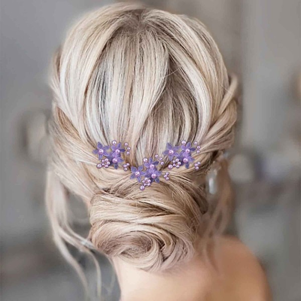 Aneneiceera Pearl Bride Wedding Hair Pins Purple Beads Hairpiece Bridal Flower Headpiece Bridesmaid Hair Accessories for Women and Girls (Pack of 3) (Purple)