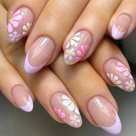 RUPOFUZA Flower Press on Nails Short Almond French Tip Press ons Nude Pink Full Cover Glue on Fake Nails wite Colorful Flowers Acrylic Floral False Nail for Women 24 Pcs