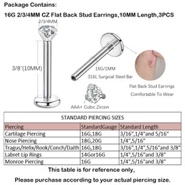 Candyfancy 16G/1.2 mm Helix Tragus Piercing Ear Lip Labret 2/3/4 mm Cubic Zirconia Gem Ear Jewellery Crystal Cartilage Stud Earrings Zirconia Earrings for Women Girls, Cubic Zirconia, Cubic Zirconia