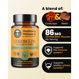 Mushroom Wellness Cordyceps Blend with Reishi: Organic Cordyceps & Reishi Mushroom Capsules, Mushroom Powder Supplement, Supports Immune System & Healthy Urinary Function, 90 Vegan Capsules