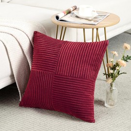 Fancy Homi 2 Packs Burgundy Red Decorative Throw Pillow Covers 18x18 Inch for Living Room Couch Sofa, Boho Farmhouse Home Decor, Soft Corss Corduroy Patchwork Textured Square Cushion Case 45x45 cm
