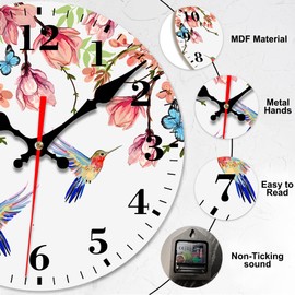 VURQLHE Wall Clocks Battery Operated, Hummingbirds and Pink Flowers Silent Non Ticking Decorative Indoor Outdoor Wall Clocks for Living Room Kitchen Bedroom Bathroom 12"