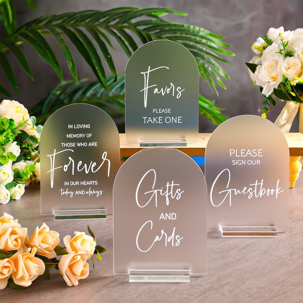 4 Pcs Acrylic Wedding Reception Signs with Wood Stand Clear Gifts and Cards Sign with Holder Please Sign Our Guestbook 5 x 7 Inch Rustic Calligraphy Wedding Sign for Wedding Ceremony Reception (Arch)