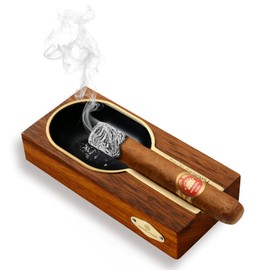 CLZOONG Cigar Ashtray Wooden & Stainless Steel, Large Cigar Holder Ashtrays, Cigar Accessories for Indoor Outdoor Home Decor Ash Tray With Stainless Steel Rest Cigar Holder (Brown)