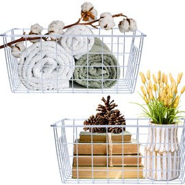 Sturdy Small Wire Storage Basket for Kitchen Food, Pantry Papers, Home Office Desk and Shelf, Bathroom Laundry Room, Bedroom, Silver, 2 PCS