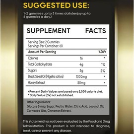 EILIN YHT Black Seed Oil Gummies 1000MG Immune System Support Supplement 60 Counts