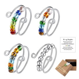 HSAJS 4PCS Fidget Rings for Women Girls Silver Anxiety Relief Spinner Rings with Rainbow Beads Adjustable Open Ring Gift Box Included for Christmas Valentine's Day