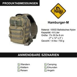 Magforce Tactical Sling Bag "Hamburger", MOLLE Shoulder & Chest Bag, Lightweight, with Multiple Compartments, Nylon, Large Capacity, for Travel & Everyday Use, khaki leaves