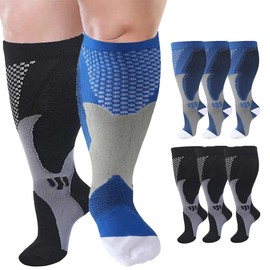 Cheeroyal 6 Pairs plus size compression socks wide calf for Men Women 20-30mmhg for Running Travel Flight Teachers Older Adult (7XL, Black+Blue)