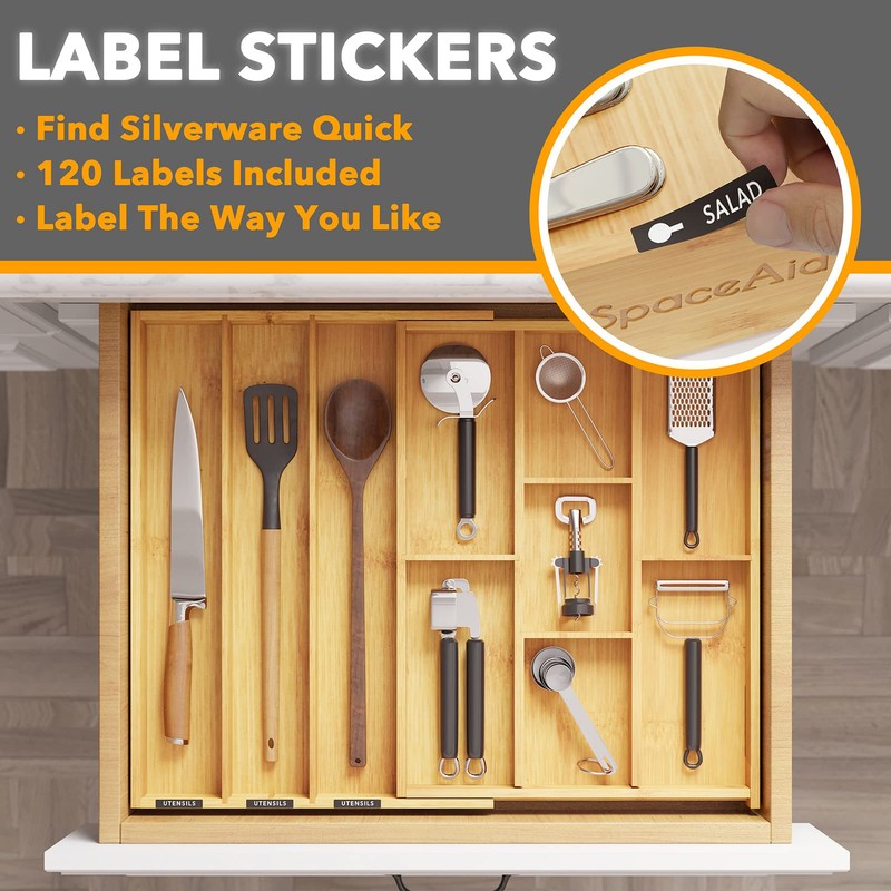SpaceAid Bamboo Utensil Drawer Organizer with Labels, Kitchen Silverware Expandable