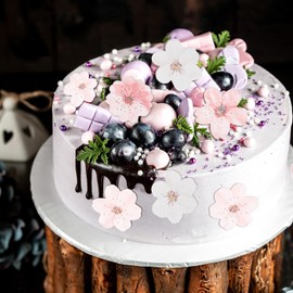 LIQWEI 50 Pcs Edible Cherry Blossoms Cupcake Toppers, Wafer Paper Flower Cakes Decorations, Cherry Blossom Decor Fondant Flowers for Wedding Birthday Baby Shower Party Supplies Multicolor