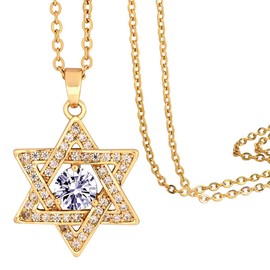 Star of David Necklace Birthstone Star of David Necklace: Delicate Small Necklace Pendant | Jewish Star Necklace, 14 Carat Gold Jewellery Gift for Women, Brass, Zircon