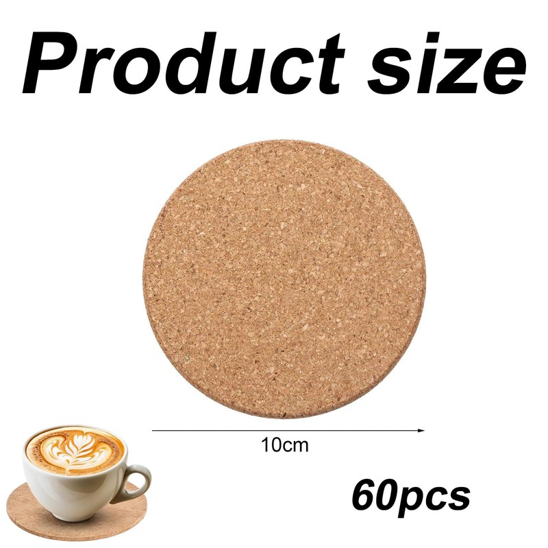 60 PCS Drinks Coasters Mats Heat-Resistant Cork Drink Coasters for