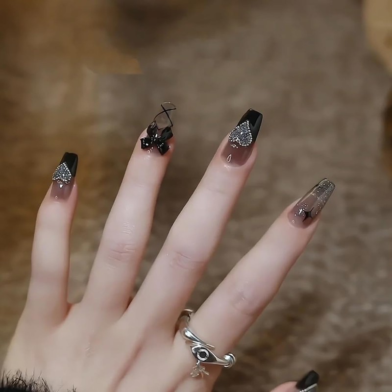 Nail Tip, False Nails, Stylish, Black, 24 Pieces, Long Nail