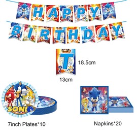 xiaoma Sonic2 Birthday Party Supplies, 32Pcs Sonic Decorations for Birthday Party, the Hedgehog Party Supplies for Kids include Banner ,Table cloth ,Plates, and Napkins
