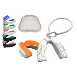 (Adult -Ages 11 & Above, Orange & White) - Coollo Sports Boil and Bite Mouth Guard with Tether DBT Custom Fit Sport Mouthpiece for Football, Hockey, Rugby, Lacrosse and More (Free Case+ Strap) -Adult Size
