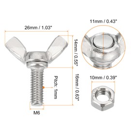 QUARKZMAN Pack of 6 M6-1x16 mm Wing Screws with 6 Nuts, Butterfly Screws Made of 304 Stainless Steel, Thumb Screws with Wing Screws