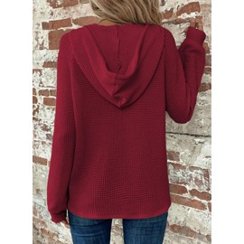 Dokotoo Hoodies for Women Waffle Knit Drawstring Button V Neck Long Sleeve Pullover Sweatshirt Hooded Tops Lightweight Sweaters Casual Cute Summer Fall Fashion Outfits Clothes 2025 Red Large