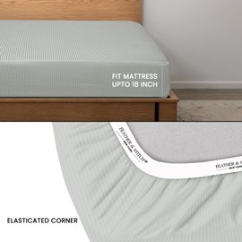 Feather & Stitch 1 Piece Fitted Sheet Queen Size, 100% Cotton Damask Sateen Weave, Striped Breathable, Stretchable Elastic Sheet For Mattress 18 inch Deep Pocket, 500TC Premium Ultra Soft - Blue Blush