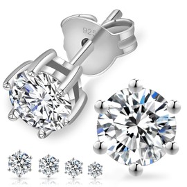 KRKC&CO Moissanite Stud Earrings, 14K Gold/White Gold Plated Earrings, 1CT-2CT D-Color VVS1, Brilliant Cut Big Diamond Silver Earring, Simple Earrings for Men(6mm-6Prong-White Gold Plated)