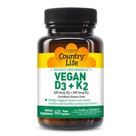 Country Life Country Life Vegan D3 + K2 – 5000 IU Vitamin D3 & 100 mcg MK-4 & MK-7 | Supports Bone, Immune, Colon & Artery Health | Certified Vegan, Gluten-Free, B-Corp, 60 Capsules