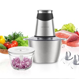 MEGAWISE Food Processor, 800W Electric Meat Grinder with 0.6L Glass Bowl & 1.2L Stainless Steel Bowl, Dual Speed Modes and Bi-Level BladesBlades for Meat, Vegetables, Nuts, Fruits, and Baby Food