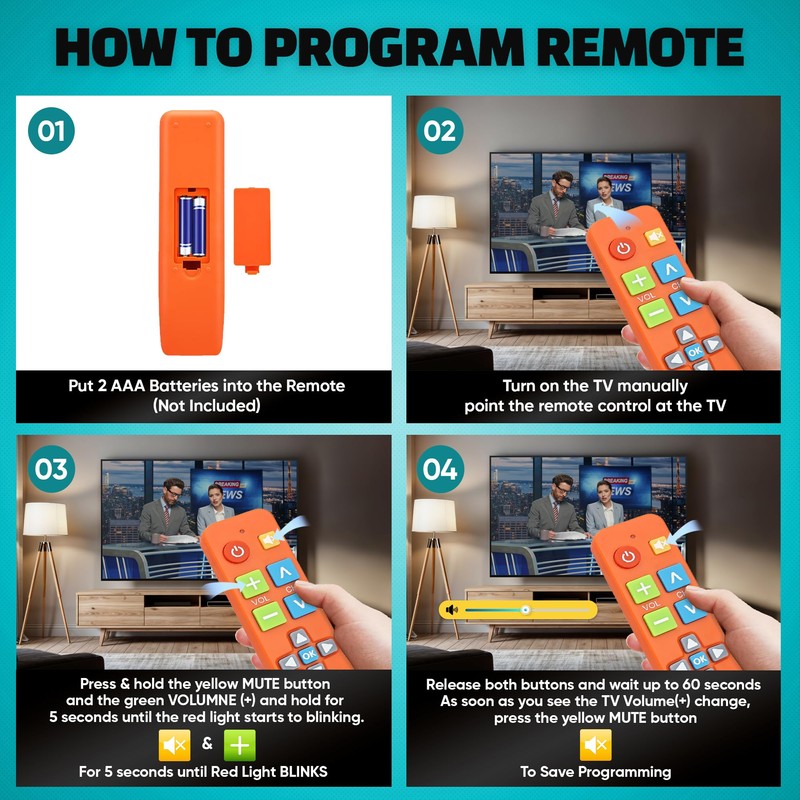EZclicker Big Button Universal TV Remote (Orange) Simple Easy to