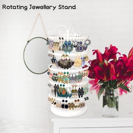 LASZOLA 5 Tiers 360° Rotating Earring Holder Organizer, 220 Holes Metal Necklace Bracelet Jewelry Display Rack Stand Tower - 14x6.3 Inch (White)