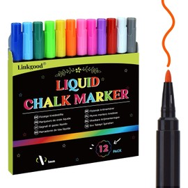 Linkgood 12 Colours Chalk Pens, Washable Window Pens, Window Painting Pens, White Wall Pens, Chalk Markers, Blackboard Pens for Windows, Chalkboard, Whiteboard, Glass for Adults and Children, 1 mm