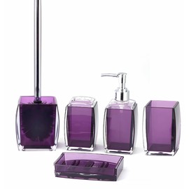 TUANYO 5 Pcs Purple Acrylic Bathroom Accessories Set Complete,Lotion/Soap Dispenser,Soap Dish,Toothbrush Holder, Tumbler,Toilet Brush and Holder,Modern Bathroom Decor and Housewarming Gift Set,Purple