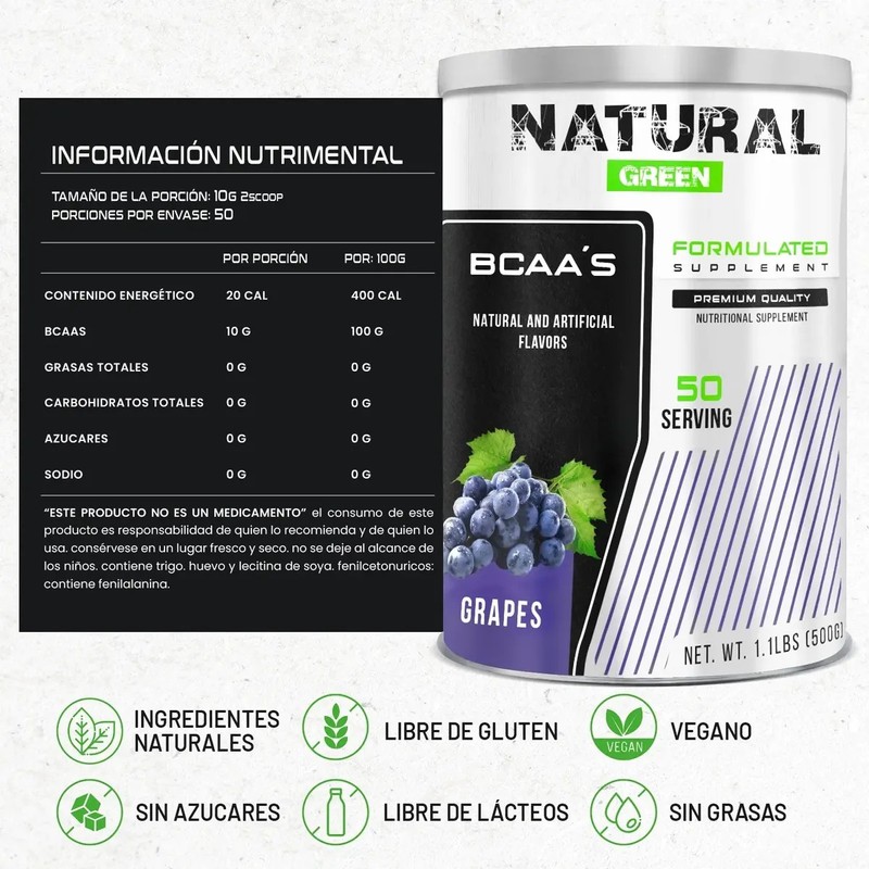 Bcaas Aminoácidos Green 500g 50 Servicios Sabores