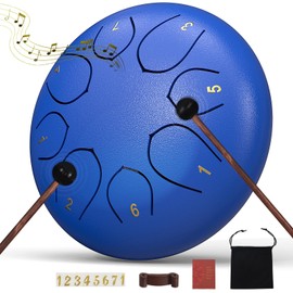 Rain Drum for Outside Garden, 6 Inches 8 Notes Steel Tongue Chakra Drum, Waterproof Echo Rain Chime Meditation Drum, Musical Instruments for Adult Gift with Drum Bag, Music Book (Dark Blue)