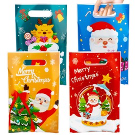 60 PCS Christmas Gift Bags with Handles, Christmas Treat Bags, Xmas Goodie Bag, Plastic Snowman Santa Claus Candy Goody Cookie Gift Bag Holiday Party Favor Bag for Xmas Winter Party Favor Supplies
