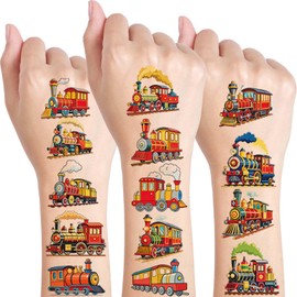 Qpout 10 Sheets Train Temporary Tattoos for Kids Birthday Party Supplies, Steam Train Railroad Themed Stickers, Classroom Rewards, Carnival Prizes, Vintage Cartoon Decorations Gifts for Boys Girls