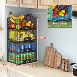 JKsmart 4 Pack XXL Stackable Wire Baskets with Handles for Pantry Storage and Organization,Fruit and Vegetable Basket with Name Plates,Metal Storage Bins for Snack Can Fruit Veggies