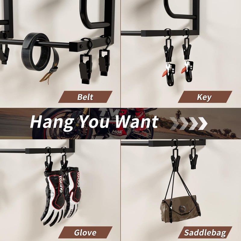 Motorcycle Helmet Rack with 6 J-hooks& 6 Clip Hooks –